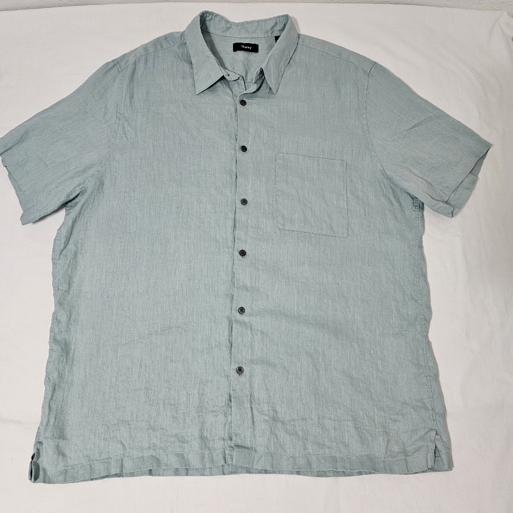 Theory Irving Linen Shirt XXL Sage Green Short Sleeve Button Up Luxury Minimalis - Picture 3 of 7